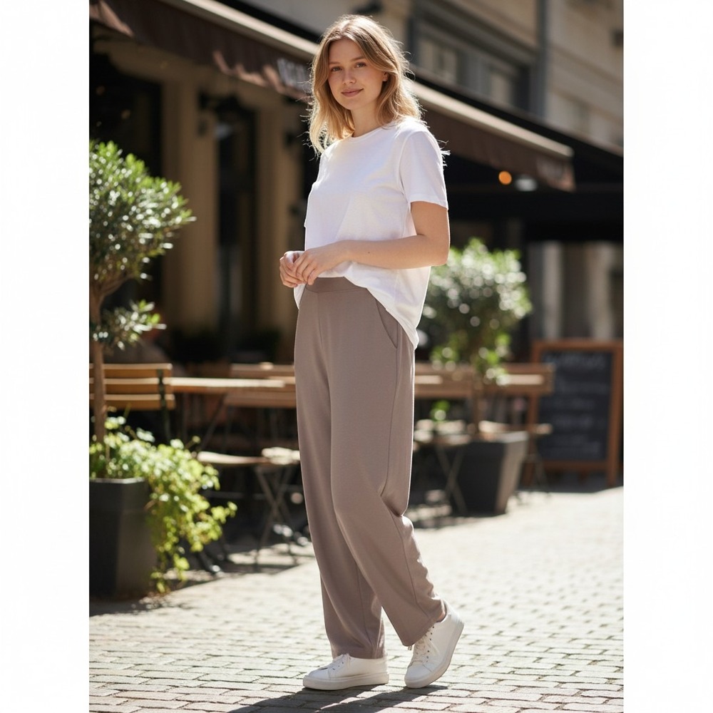 Eileen Fisher USA Mushroom Taupe Straight Leg Pull On Pants M Earthy LagenLook